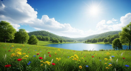 Lush meadow with wildflowers on sunny day by lakeの写真素材