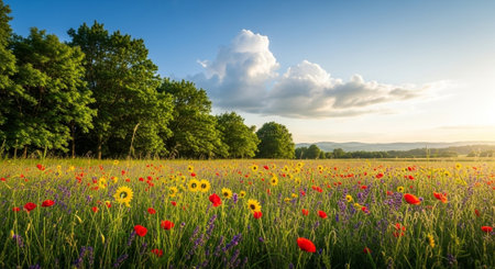 Vibrant wildflower meadow with sunflowers, poppies, and lavenderの写真素材