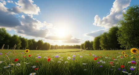 Sunlit meadow with colorful wildflowers and distant trees