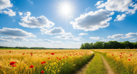 Golden wheat field with poppies under bright sunny skyの写真素材