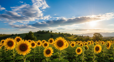 Scenic sunflower field under a bright blue sky at sunset