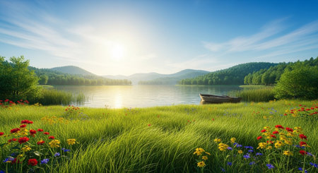 Serene lake scene with boat and wildflowers at sunriseの写真素材