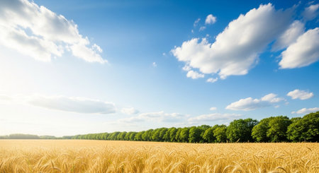Golden wheat field under blue sky with fluffy clouds