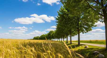 Golden wheat field under blue sky, line of treesの写真素材