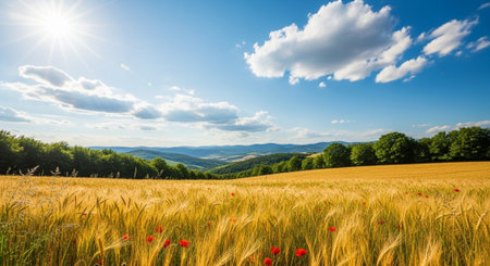 Golden wheat field with scattered red poppies under bright sky