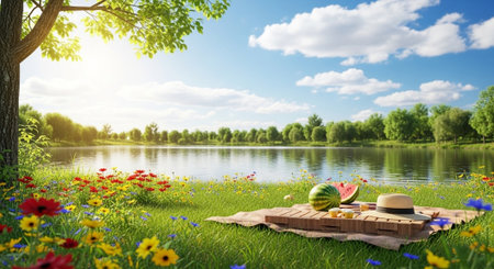 Picturesque lakeside picnic scene with vibrant wildflowers and sunshineの写真素材