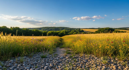 Scenic golden wheat field with wildflowers and stone pathの写真素材