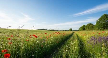 Scenic wildflower meadow path under blue sky summertime landscapeの写真素材
