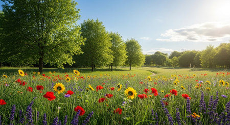 Sunlit meadow bursting with colorful wildflowers and treesの写真素材
