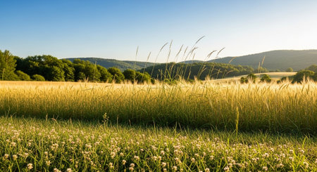 Golden wheat field and wildflowers beneath a clear blue skyの写真素材