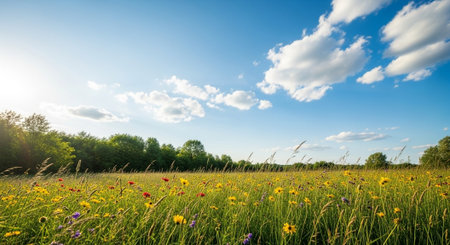Wildflower meadow on a sunny day under blue sky