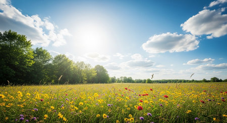 Vibrant wildflower meadow under a sunny blue sky backdrop