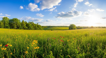 Vibrant wildflower meadow under blue sky with sunlight glareの写真素材