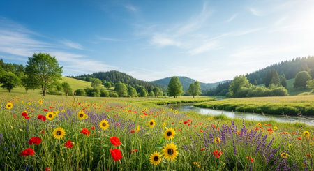 Vibrant wildflower meadow with winding river and rolling hillsの写真素材