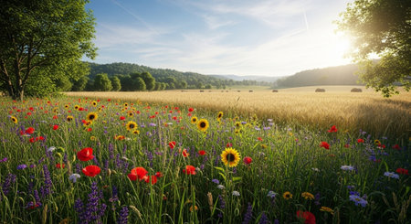 Vibrant wildflowers and golden wheat field under summer sky