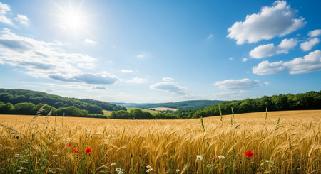 Golden wheat field under bright blue sky with cloudsの写真素材