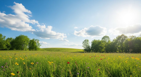 Scenic meadow of wildflowers on a bright sunny dayの写真素材
