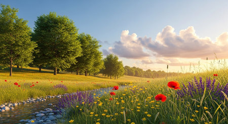 Scenic landscape featuring a meadow with wildflowers and stream