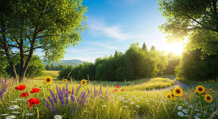 Sunlit meadow with wildflowers trees and winding pathの写真素材