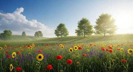 Scenic field with colorful wildflowers and lush green treesの写真素材