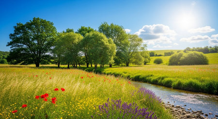 Idyllic Landscape with River, Wildflowers, and Lush Green Treesの写真素材
