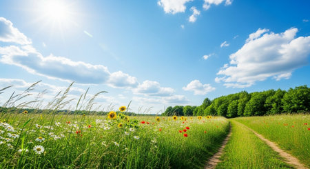 Scenic summer meadow with flowers and a bright blue sky