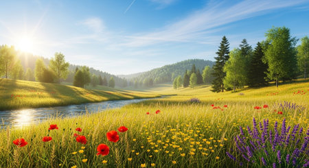 Serene meadow landscape with river, flowers and sunlightの写真素材