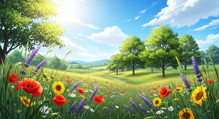 Scenic field with flowers and trees under a blue skyの写真素材