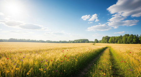 Golden wheat field meets clear sky on a sunny day