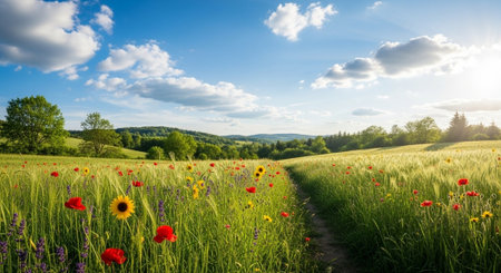 Scenic Field of Wildflowers and Wheat Under a Summer Sky