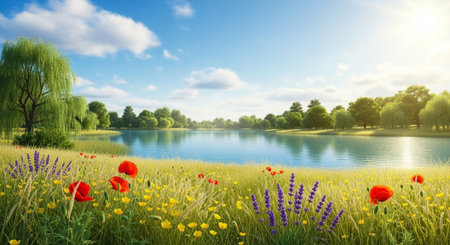 Scenic lake surrounded by wildflowers and lush greeneryの写真素材