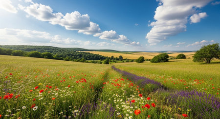 Vibrant wildflower meadow under a clear blue summer sky