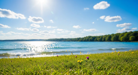 Serene lakeside view with vibrant wildflowers and clear blue skyの写真素材