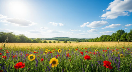 Vibrant wildflower meadow under a bright blue sky