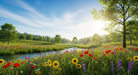Idyllic spring landscape with wildflowers, stream and blue sky