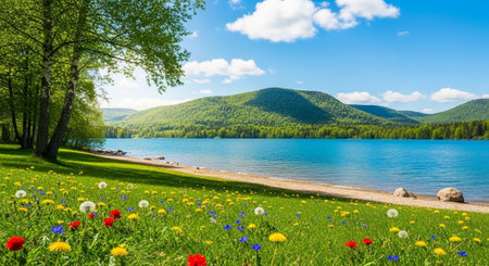 Scenic lakeside landscape with wildflowers and lush green mountainsの写真素材