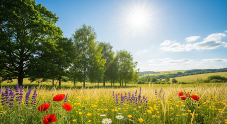 Vibrant meadow with wildflowers, trees, and sunny blue sky