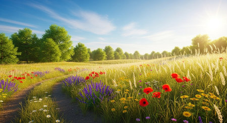 Idyllic meadow with vibrant wildflowers under a clear skyの写真素材