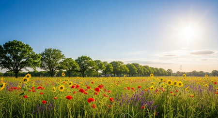Field of wildflowers with trees and bright sunny sky