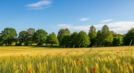 Golden Wheat Field with Wildflowers on a Sunny Dayの写真素材