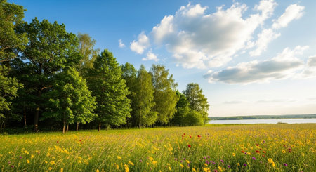 Scenic meadow with trees, flowers, lake under a blue skyの写真素材