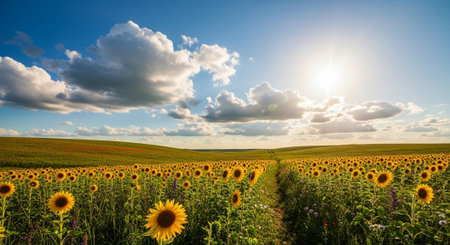 Endless sunflower field under a bright blue sky landscapeの写真素材