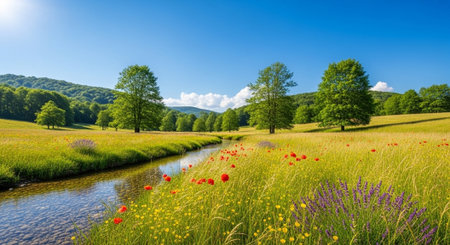 Picturesque meadow with wildflowers and flowing stream in springtimeの写真素材