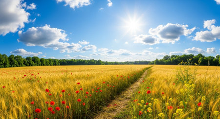 Golden wheat field with poppies on a summer day