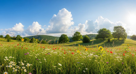 Scenic landscape of wildflowers, trees, and clouds on sunny dayの写真素材