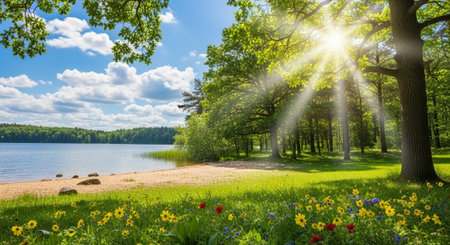 Sunny summer lakeside landscape with wildflowers, trees, and cloudsの写真素材