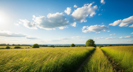 Summer meadow landscape with blue sky and fluffy clouds