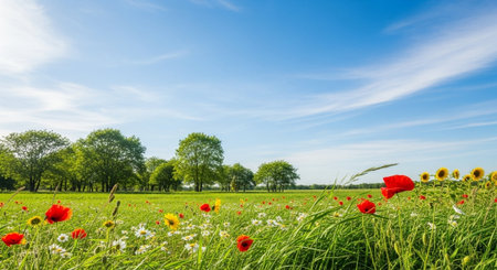 Vibrant flower meadow with poppies under blue summer sky