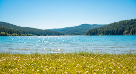 Scenic Lake View With Green Meadow Foreground And Mountainsの写真素材