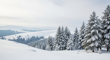 Winter Landscape: Snow Covered Trees and Hills